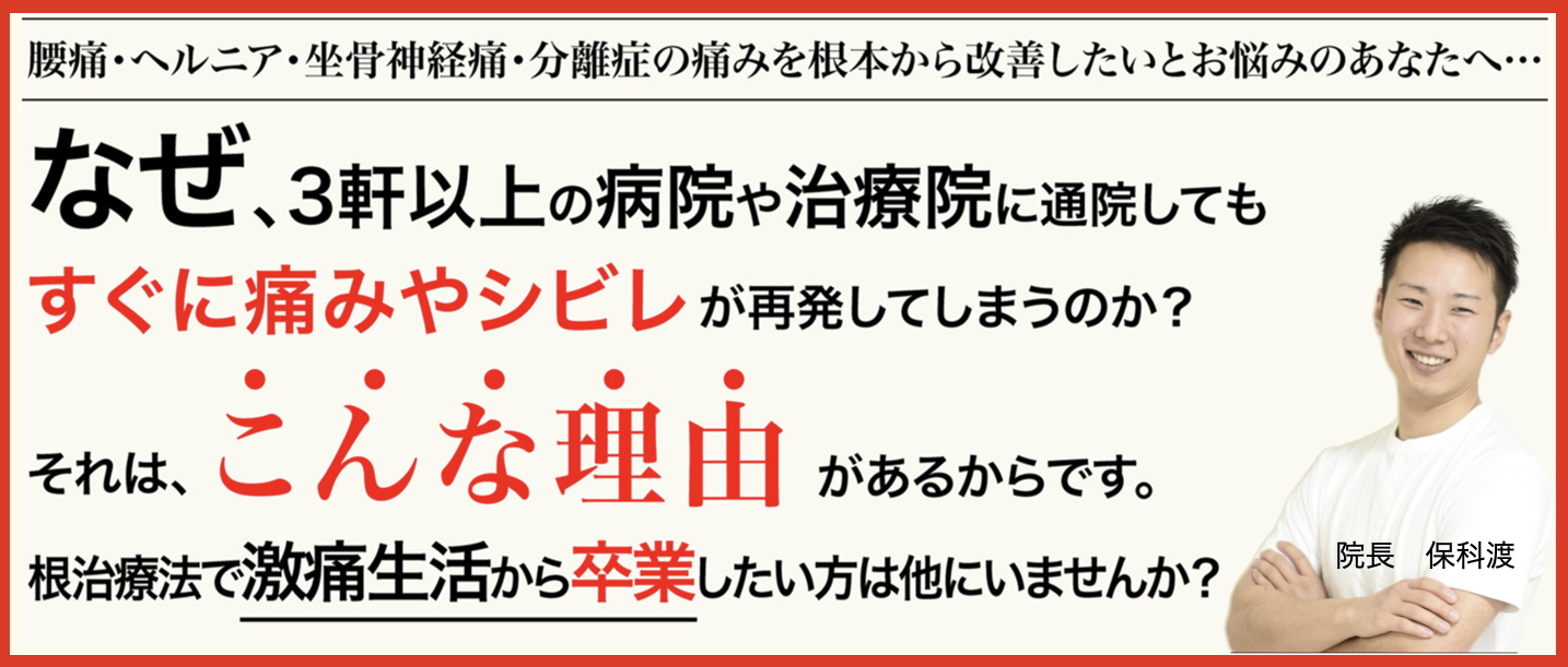 腰痛・ヘルニア・坐骨神経痛・分離症の痛みを根本から改善したいとお悩みのあなたへ
なぜ、３軒以上の病院や治療院に通院してもすぐに痛みやシビレが再発してしまうのか？
それはこんな理由があるからです。
根本治療で激痛生活から卒業したい方は他にいませんか？